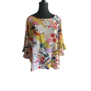 Isle Apparel bright floral‎ dolman ruffle blouse size M yellow pink oversized